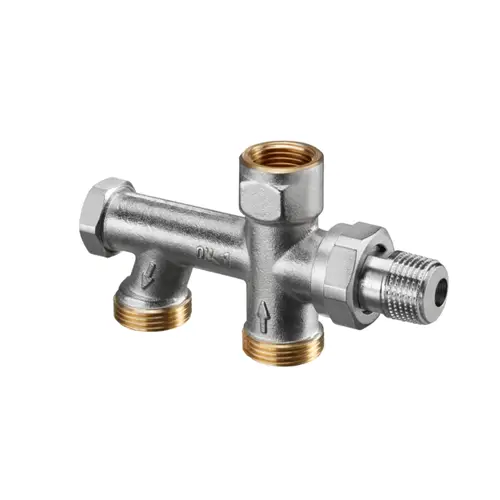 Oventrop Einrohr-Anschlussstück mit drei Anschlüssen, einer mit regulierbarem Bypass und Absperrung, aus Metall mit unterschiedlichen Gewindegrößen.